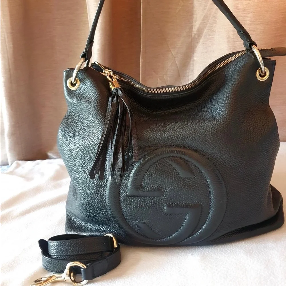 Gucci Soho Black Pebbled Leather Hobo Shoulder Bag Crossbody Tassel
